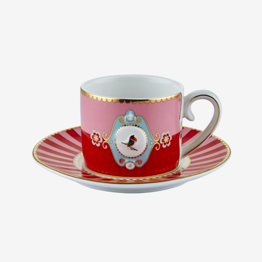 Love Birds Kırmızı Madalyon Desenli Kuşlu Kahve Fincanı 90 ml