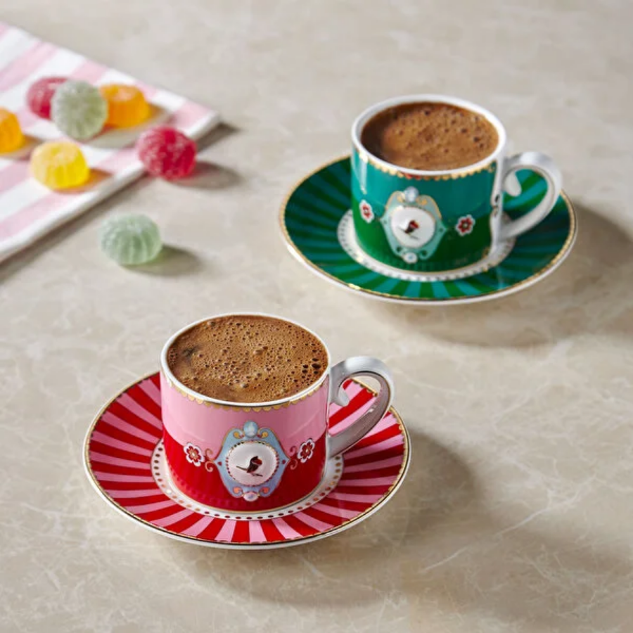 Love Birds Yeşil Madalyon Desenli Kuşlu Kahve Fincanı 90 ml