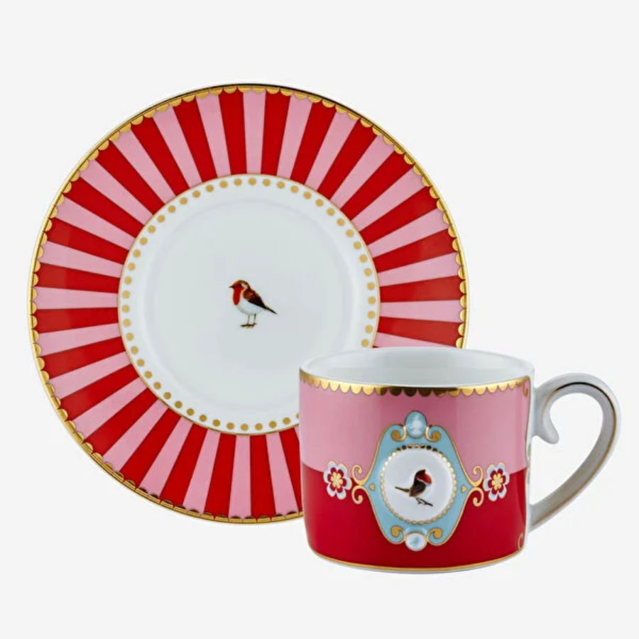 Love Birds Kırmızı Madalyon Desenli Kuşlu Kahve Fincanı 90 ml