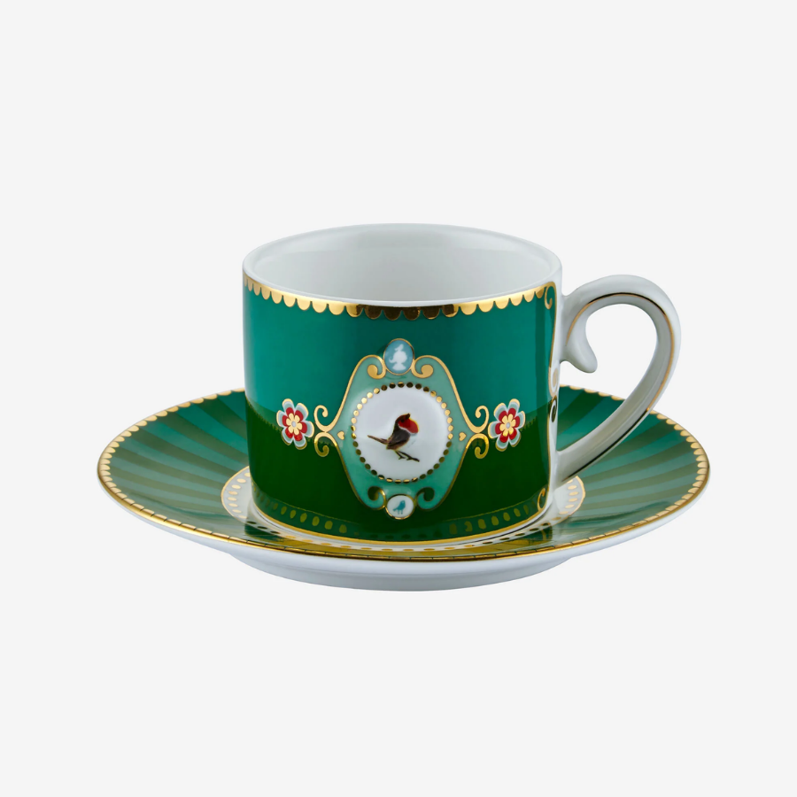 Love Birds Yeşil Madalyon Desenli Kuşlu Kahve Fincanı 90 ml