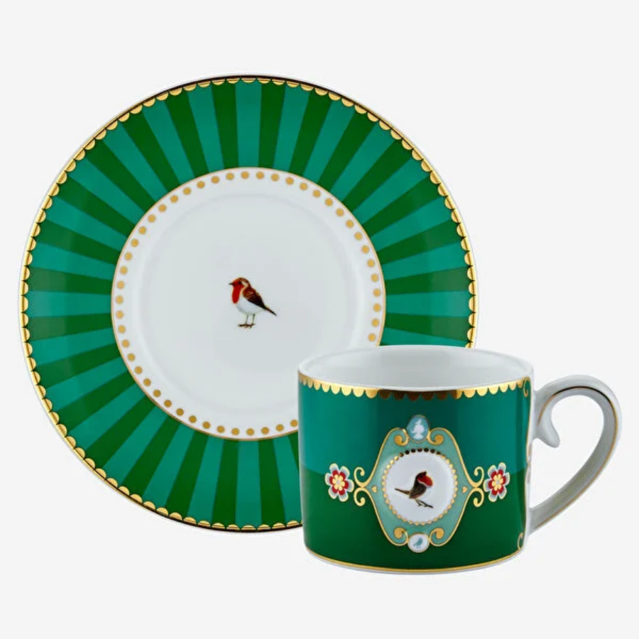Love Birds Yeşil Madalyon Desenli Kuşlu Kahve Fincanı 90 ml