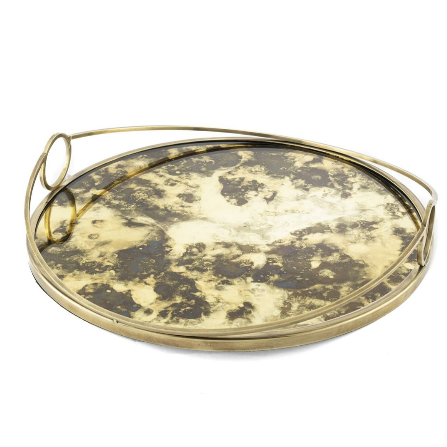 Antik Gold Yuvarlak Camlı Metal Tepsi 40x8cm