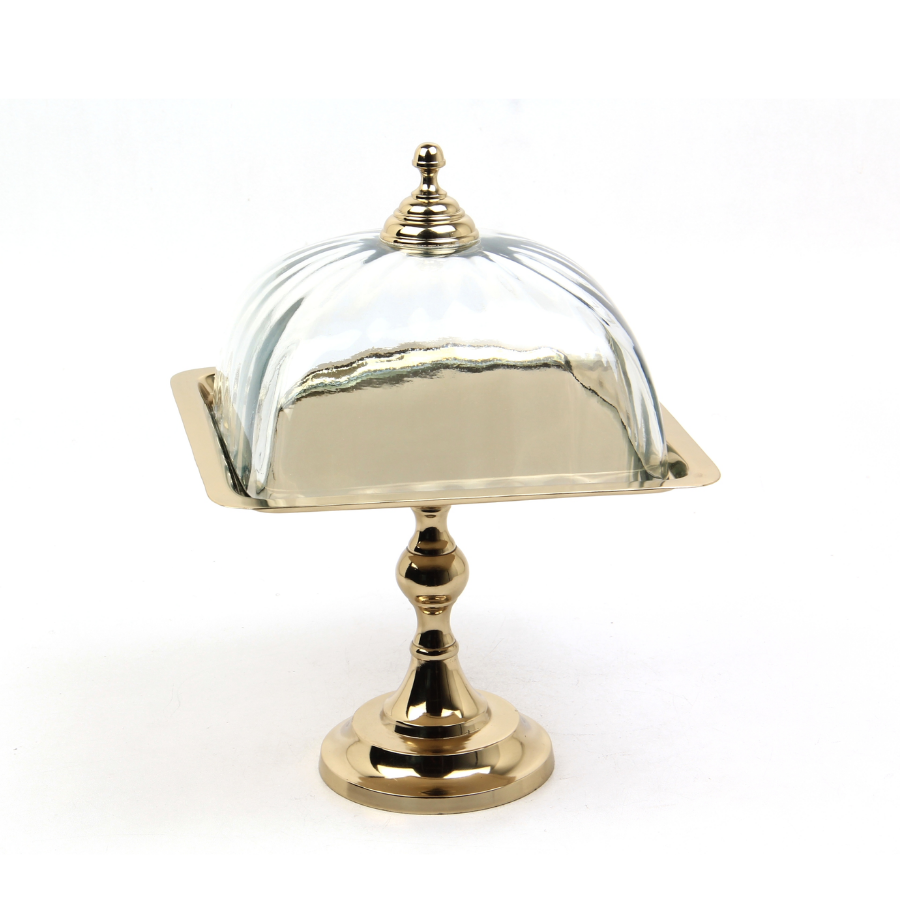 Optık Cam Kare Gold Ayaklı Kek Standı24X24X33,5 Cm