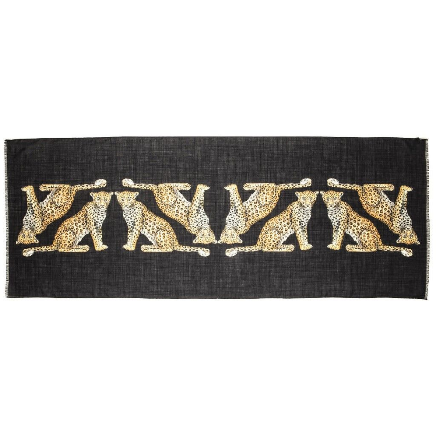 Halcyon Days MW Twin Leopards Black 170cm x 65cm yün ipek eşarp