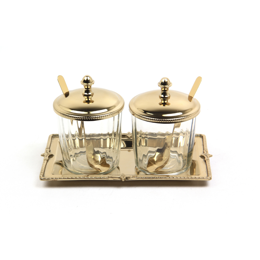 Optık Cam Tepsılı 2Lı Gold Kavanoz Setı 12,5X21X13 Cm