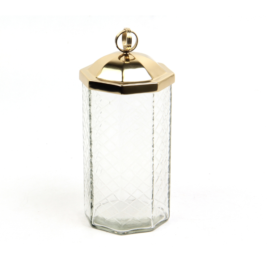 Halka Kulplu Sekızgen Buyuk Gold Kavanoz 11,5X11,5X24,5 Cm