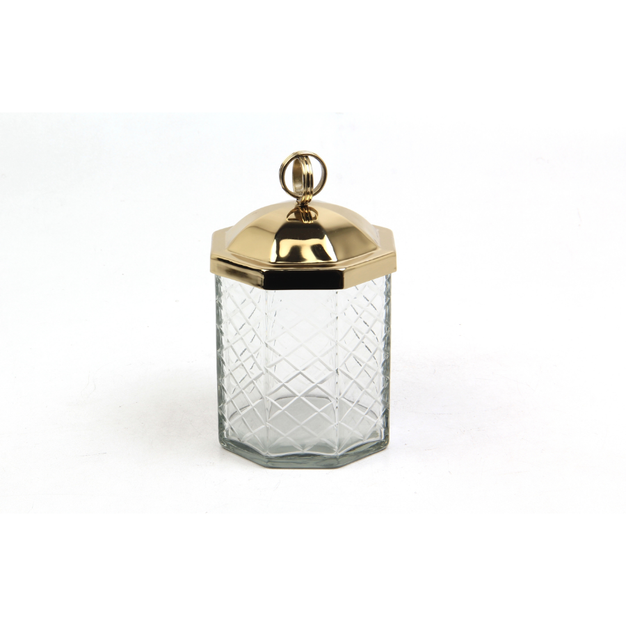 Halka Kulplu Sekızgen Kucuk Gold Kavanoz 11,5X11,5X17,5 Cm