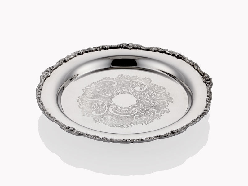 Engrave Border Yuvarlak Gümüş Tepsi 25x25x2 Cm