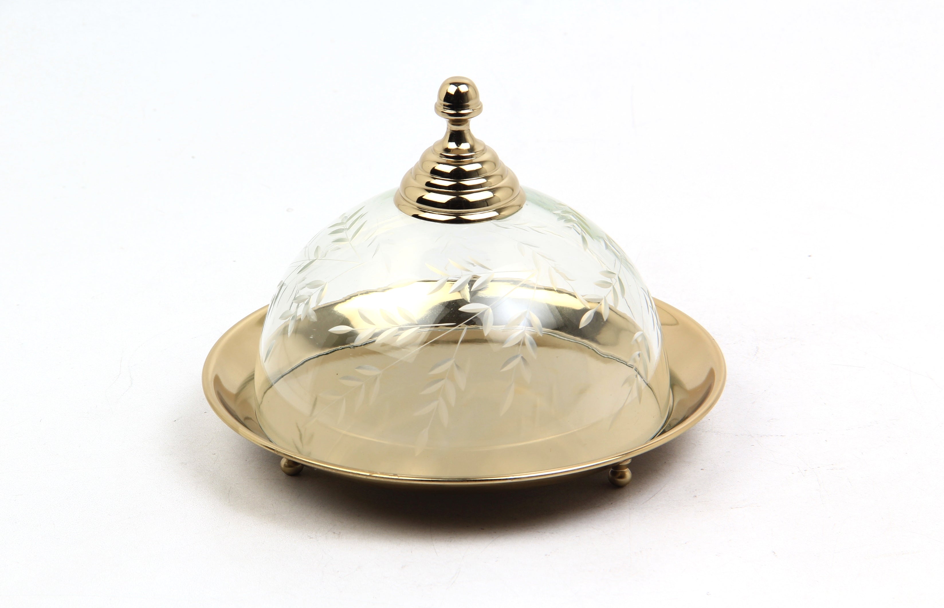 Yaprak Desenli Cam Kapaklı Gold Büyük Stand 17,5X17,5X13 Cm