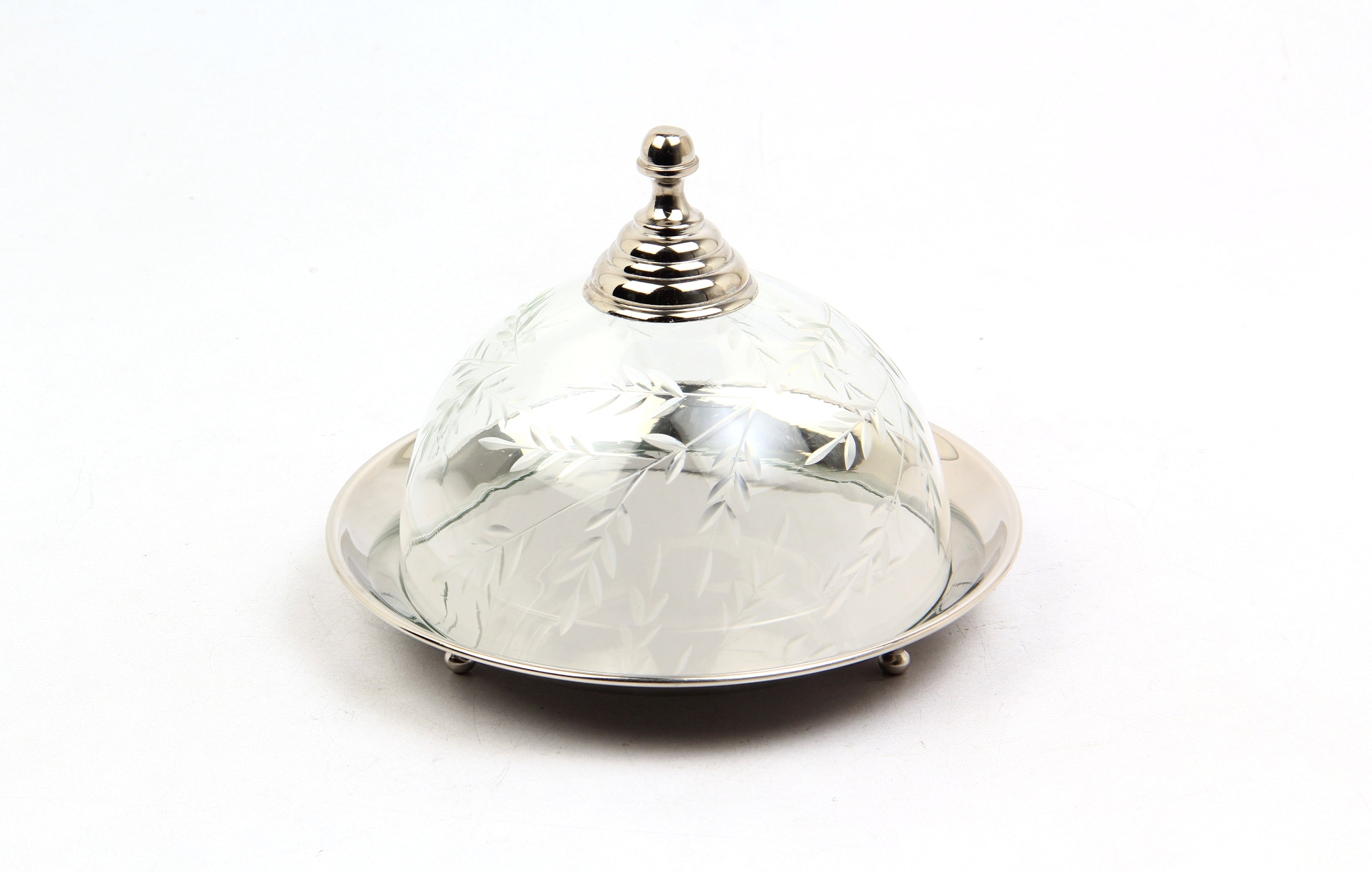 Yaprak Desenli Cam Kapaklı Nikel Büyük Stand 17,5X17,5X13 Cm
