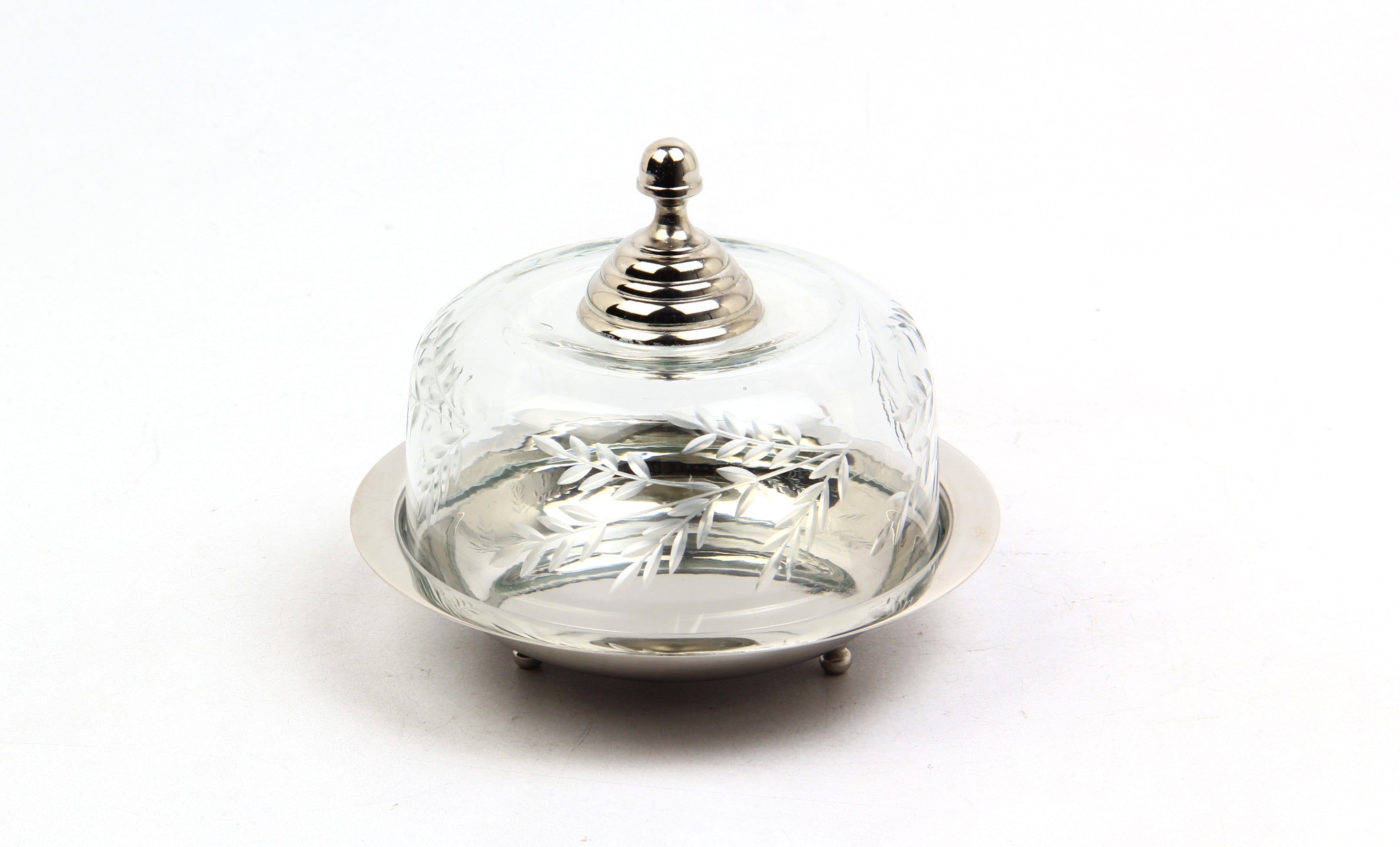 Yaprak Desenli Cam Kapaklı Nikel Tereyağlık 15X15X12,5 Cm