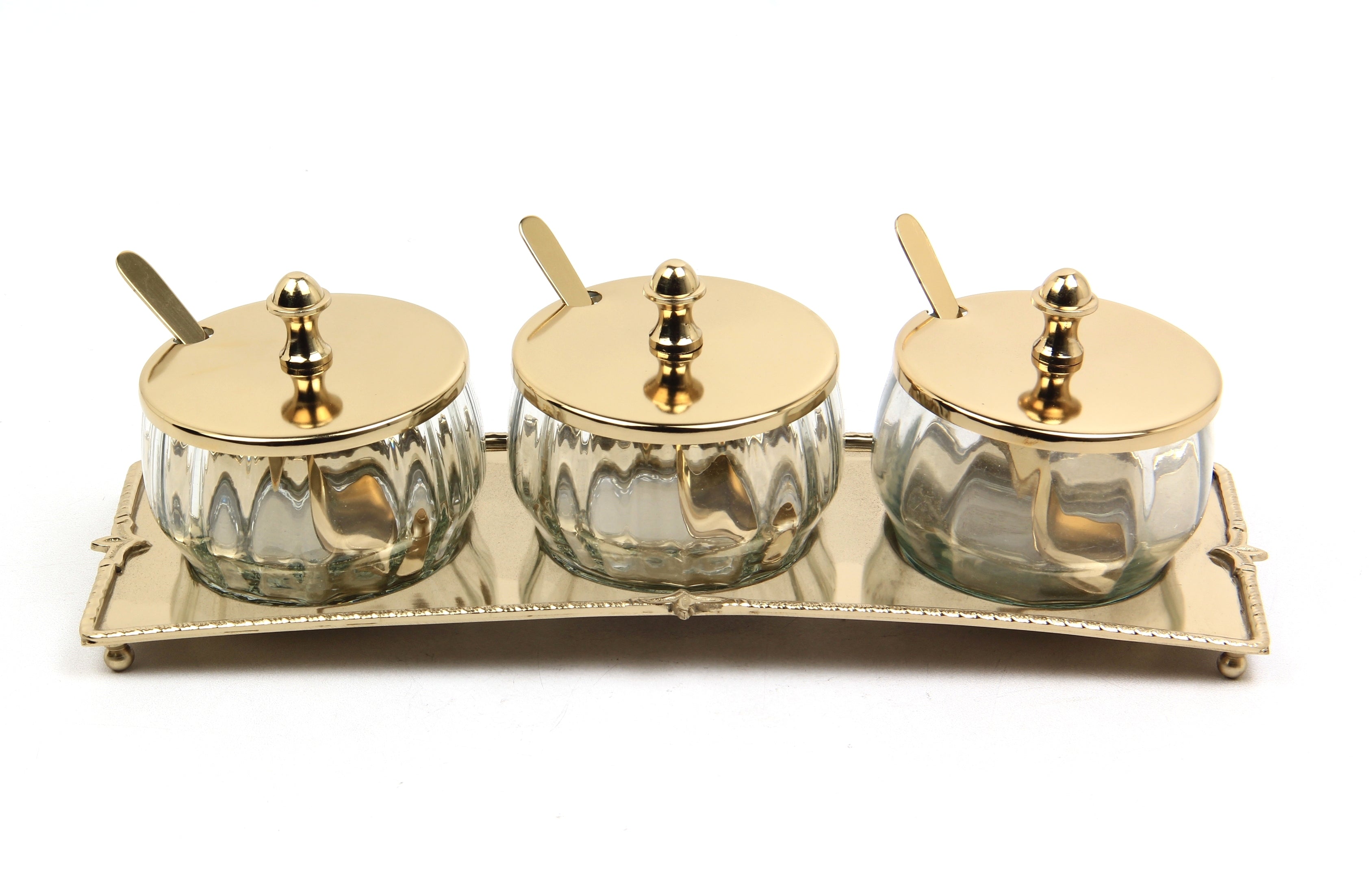 Optık Cam Tepsili Gold 3Lu Baharatlık Seti 11,5X33X10,5 Cm