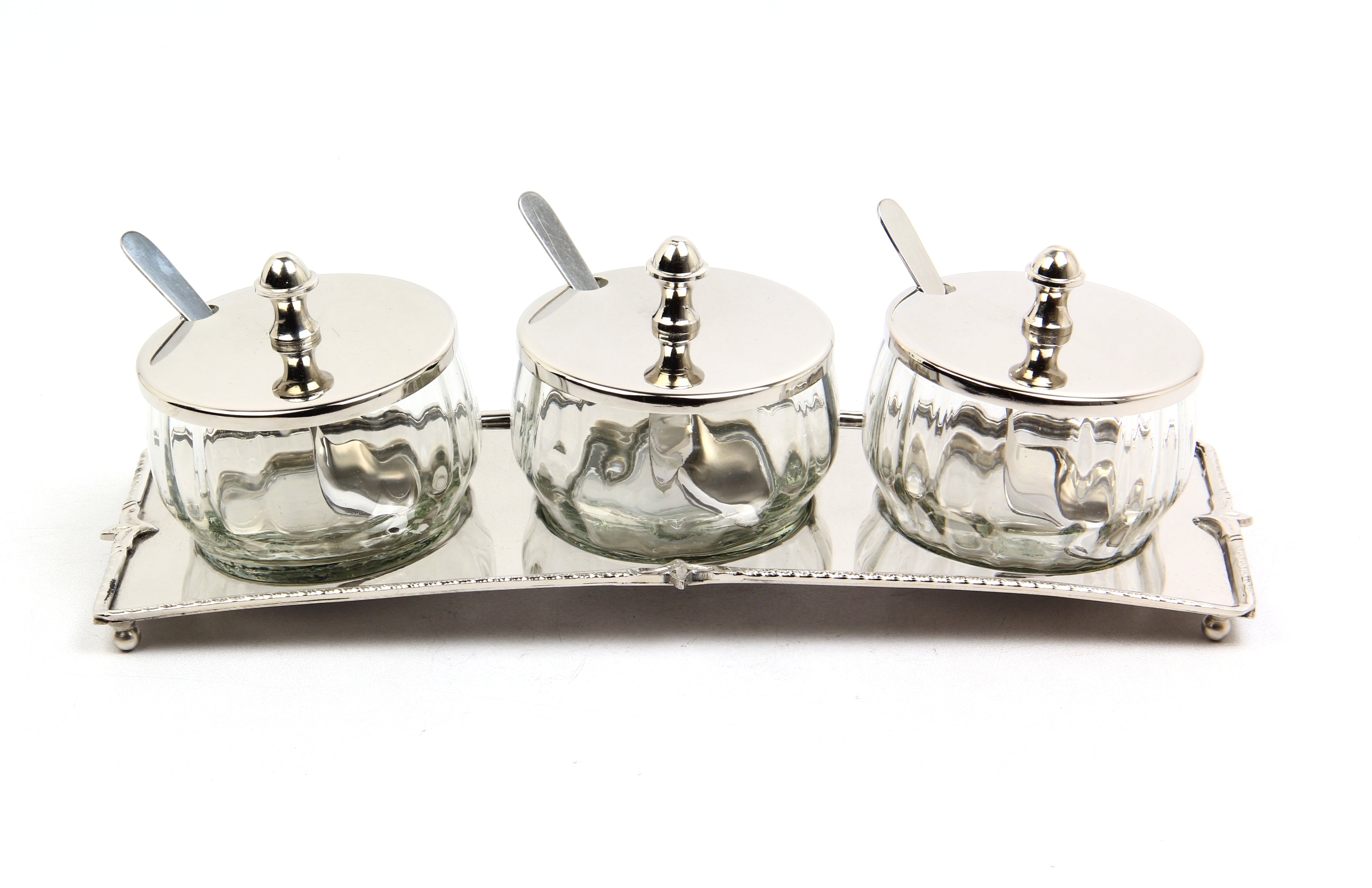 Optık Cam Tepsili Nikel 3Lu Baharatlık Seti 11,5X33X10,5 Cm