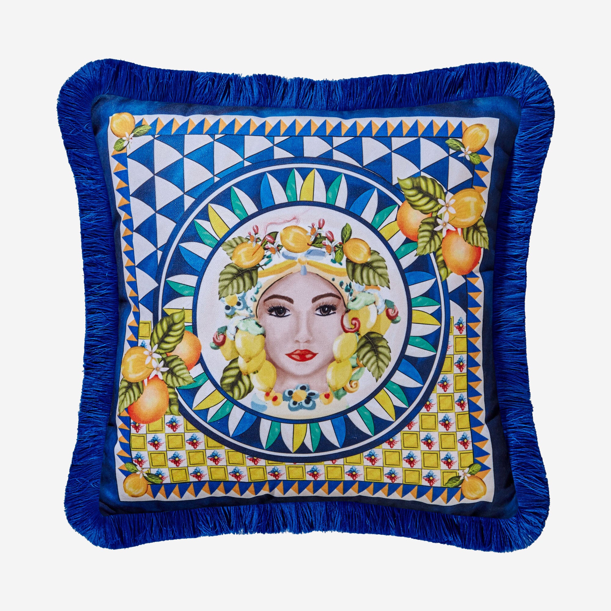 Chiara Alessi Portofino Mavi Limon ve Yüz Desenli Dekoratif Yastık 45 x 45 cm